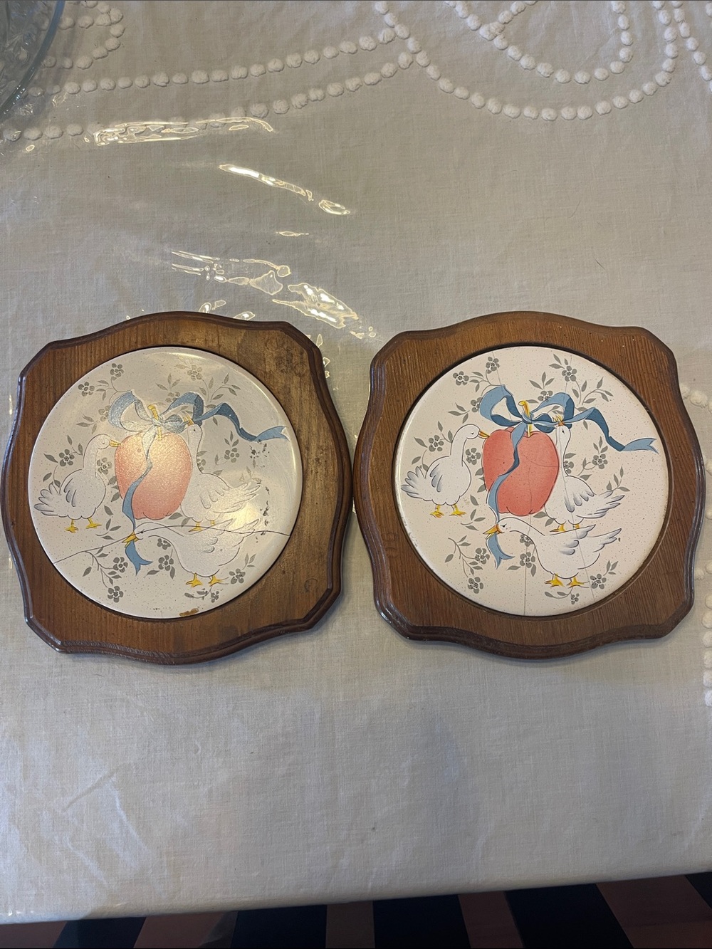 Vintage Pair of Peach & Blue Ceramic Tile Wall Plaques in Wood Frames